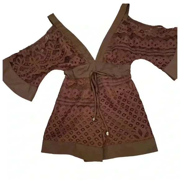 LUXXEL Cold Shoulder Lace Kimono Sleeve Brown Romper Size S - Picture 2 of 9
